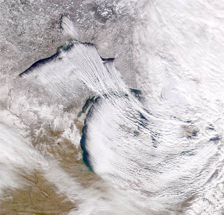 Lake effect snow over Michigan.
