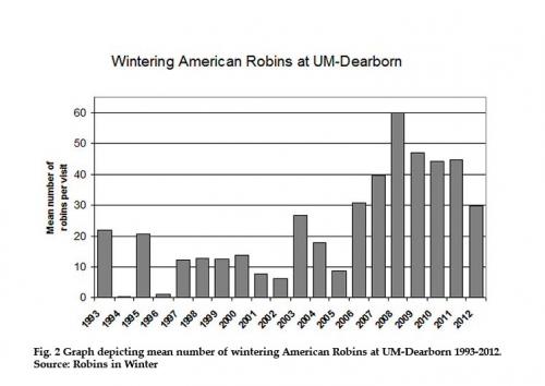Graph depicting mean number of wintering American Robins at UM-Dearborn 1993-2012