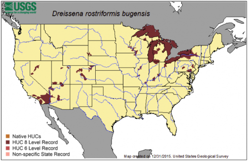 map of quagga mussel range